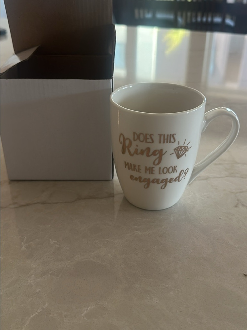 Does This Ring Make Me Look Engaged? White Ceramic Mug with Gold Script